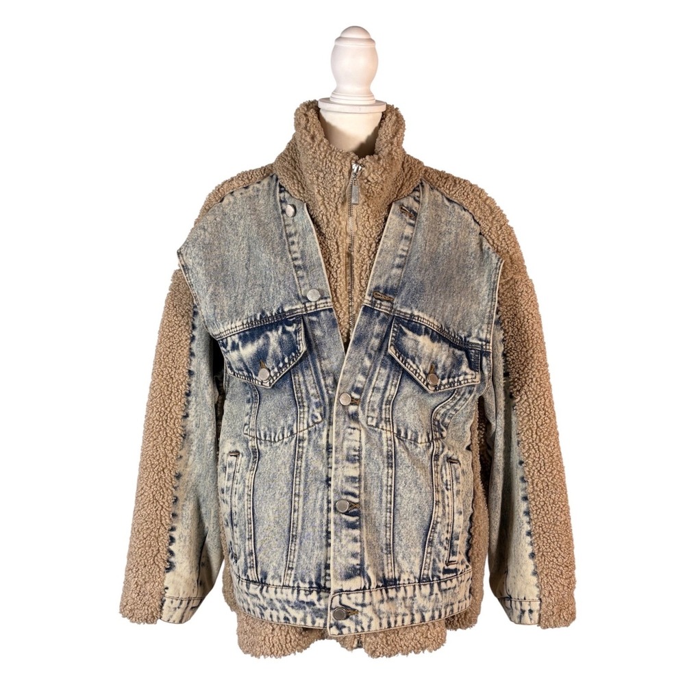 BLANKNYC Faux Sherpa Denim Trucker Jacket M Streetwear Western Grunge Acid Wash